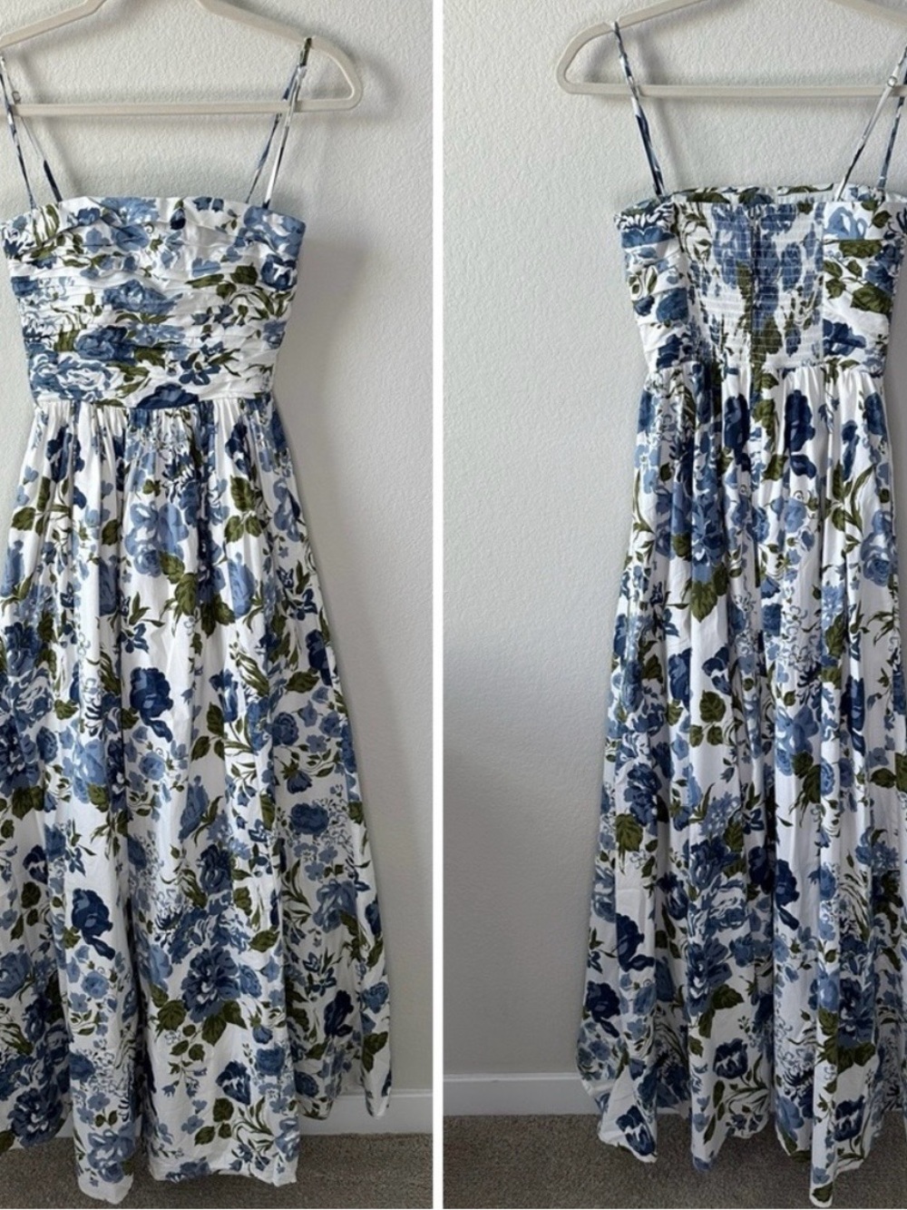 Reformation Strapless Blue Floral Midi Dress on Cream - Picture 3 of 5